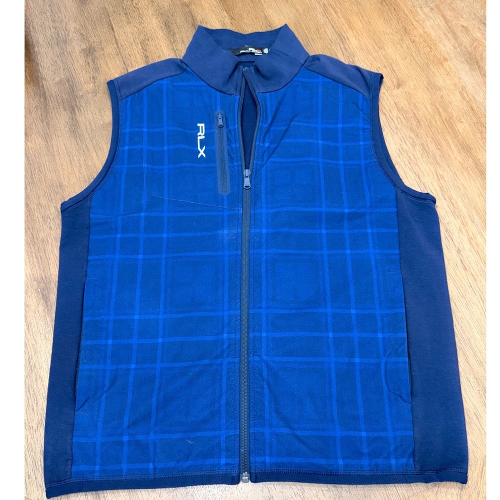 RLX Ralph Lauren Mens Blue Plaid Full Zip Golf Vest Size M Mock Neck Performance